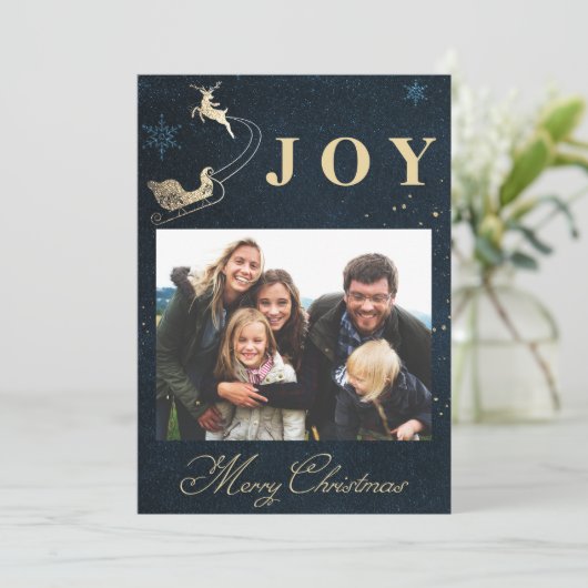 金ゴールドネイビーエレガントブルースカイ写真ファミリークリスマス シーズンカード (スタンド正面)