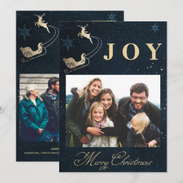 金ゴールドネイビーエレガントブルースカイ写真ファミリークリスマス シーズンカード