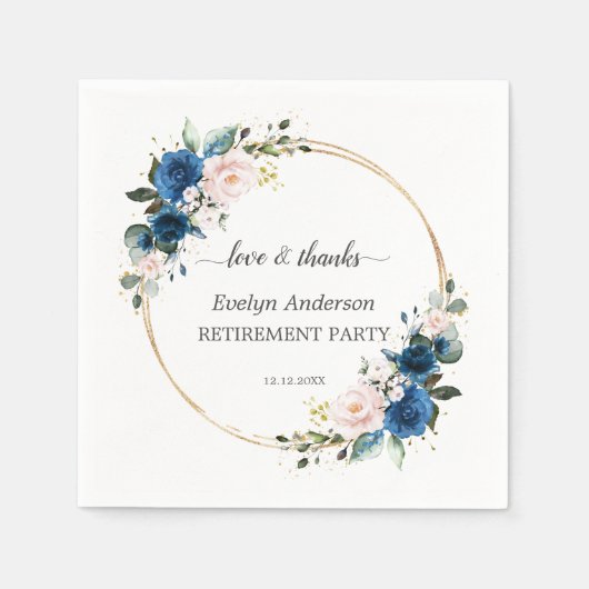 金ゴールドネイビーエレガントブルーピンクの花々定年 スタンダードカクテルナプキン (正面)