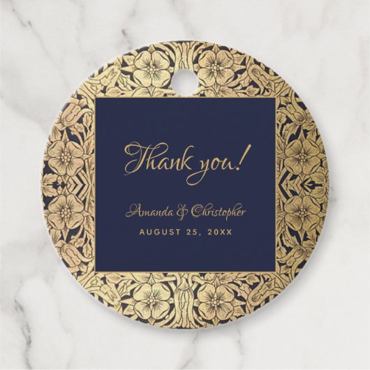 金ゴールドネイビーエレガントブルーヴィンテージウェディングラウンド フェイバータグ (正面)