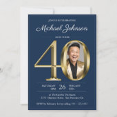 金ゴールドネイビーエレガントブルー写真40歳の誕生日パーティー 招待状 (正面)