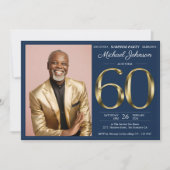 金ゴールドネイビーカスタムブルー写真サプライズ60誕生日 招待状 (正面)
