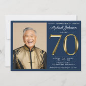 金ゴールドネイビーカスタムブルー写真サプライズ70誕生日 招待状 (正面)