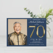 金ゴールドネイビーカスタムブルー写真サプライズ70誕生日 招待状 (スタンド正面)