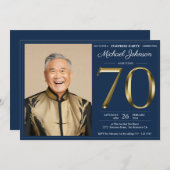金ゴールドネイビーカスタムブルー写真サプライズ70誕生日 招待状 (正面/裏面)