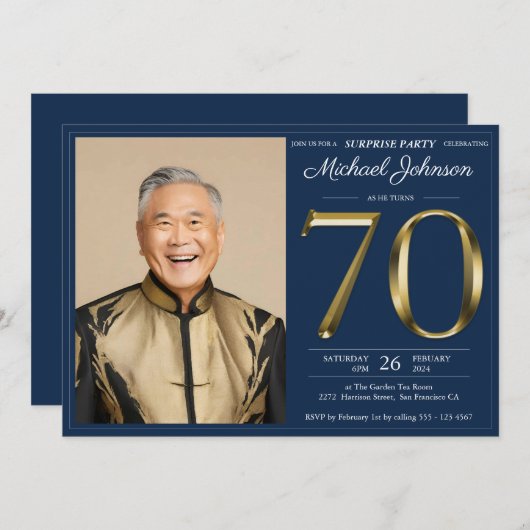金ゴールドネイビーカスタムブルー写真サプライズ70誕生日 招待状 (正面/裏面)