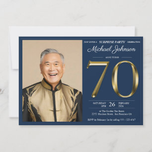 金ゴールドネイビーカスタムブルー写真サプライズ70誕生日 招待状