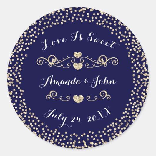 金ゴールドネイビーグリッター日付保存の愛は甘い ラウンドシール (正面)