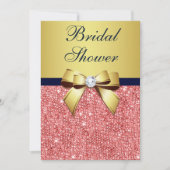 金ゴールドネイビーコーラルシークインズダイアモンズボウブライダルシャワー 招待状 (正面)