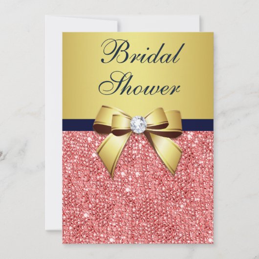 金ゴールドネイビーコーラルシークインズダイアモンズボウブライダルシャワー 招待状 (正面)