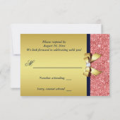 金ゴールドネイビーコーラルシークインズダイアモンズボウRSVP 出欠カード (裏面)