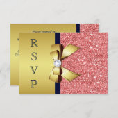 金ゴールドネイビーコーラルシークインズダイアモンズボウRSVP 出欠カード (正面/裏面)