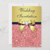 金ゴールドネイビーコーラルシークインズダイアモンズボー結婚ズ 招待状 (正面)