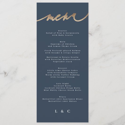 金ゴールドネイビーシンプルブクラシックル結婚 メニュー (正面)