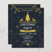 金ゴールドネイビースノーフレーククリスマスパーティの招待状 (正面/裏面)
