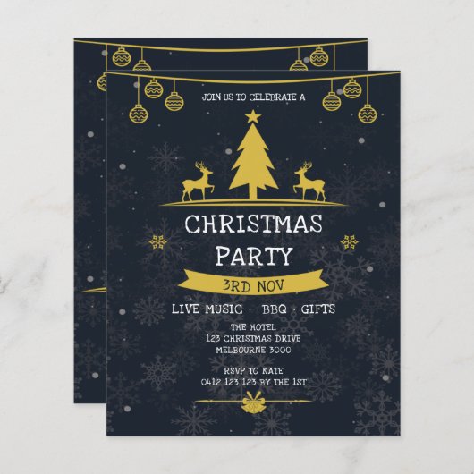 金ゴールドネイビースノーフレーククリスマスパーティの招待状 (正面/裏面)