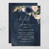 金ゴールドネイビースパークルフローラ水彩ブライダルシャワー 招待状 (正面/裏面)