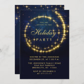金ゴールドネイビースパークルライツクリスマスホリデーパーティー 招待状 (正面/裏面)