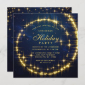 金ゴールドネイビースパークルライツクリスマスホリデーパーティー 招待状 (正面/裏面)