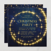金ゴールドネイビースパークルライツクリスマスホリデーパーティー 招待状 (正面/裏面)
