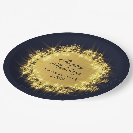 金ゴールドネイビースパークルライツホリデークリスマスパーティー ペーパープレート (アングル)