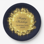 金ゴールドネイビースパークルライツホリデークリスマスパーティー ペーパープレート (正面)