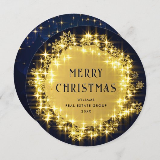 金ゴールドネイビースパークルライツ企業のクリスマス シーズンカード (正面/裏面)