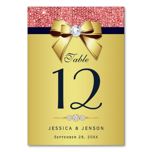 金ゴールドネイビーダイヤモンドボウコーラルシークイン テーブルナンバー (正面)