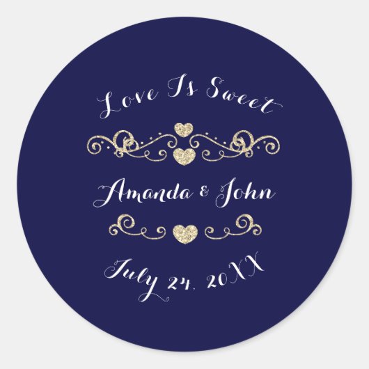 金ゴールドネイビーハート日付を保存する愛は甘い ラウンドシール (正面)