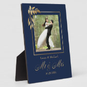 金ゴールドネイビーパーソナライズされたル結婚・ブルーの記念写真 フォトプラーク (側面)