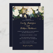 金ゴールドネイビーフローラきらめくグリッター招待 招待状 (正面/裏面)