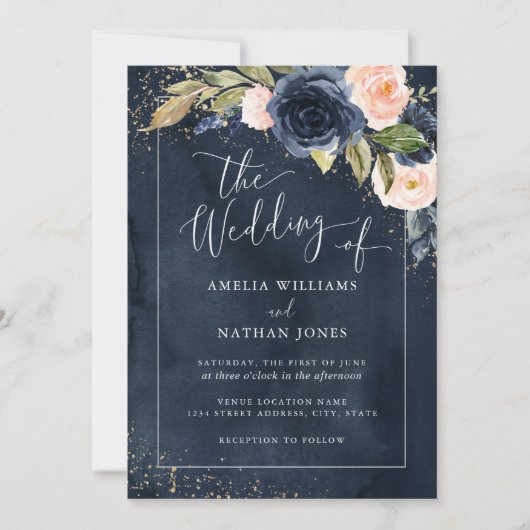 金ゴールドネイビーフローラ水結婚色の結婚の 招待状 (正面)