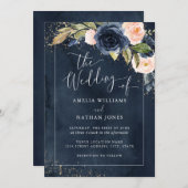 金ゴールドネイビーフローラ水結婚色の結婚の 招待状 (正面/裏面)