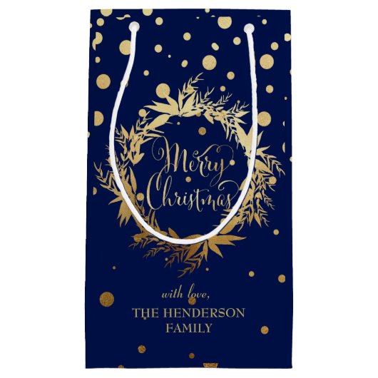 金ゴールドネイビーブエレガントルーメリークリスマスリース スモールペーパーバッグ (正面)