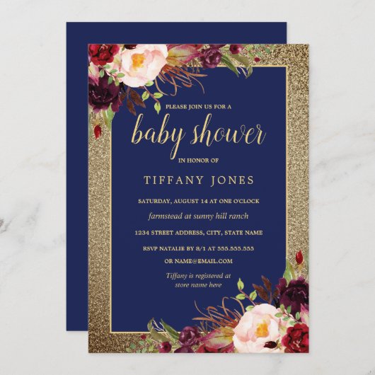 金ゴールドネイビーブルゴーニュフローラベビーシャワー招待状 招待状 (正面/裏面)