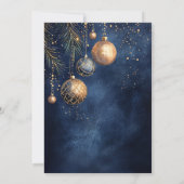 金ゴールドネイビーブルーオーナメントバウブルホリデークリスマス 招待状 (裏面)