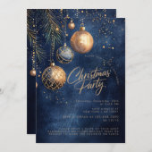 金ゴールドネイビーブルーオーナメントバウブルホリデークリスマス 招待状 (正面/裏面)