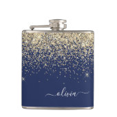 金ゴールドネイビーブルーガーリーグリッタースパークルモノグラム名 フラスク (正面)
