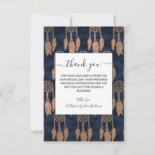 金ゴールドネイビーブルーグリッターイカットドリームキャッチャパターン サンキューカード (正面)