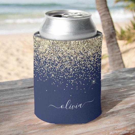 金ゴールドネイビーブルーグリッタースクリプトモノグラムガーリー名 缶クーラー