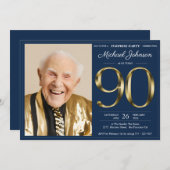 金ゴールドネイビーブルーサプライズ90誕生日 招待状 (正面/裏面)