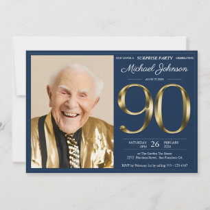 金ゴールドネイビーブルーサプライズ90誕生日 招待状