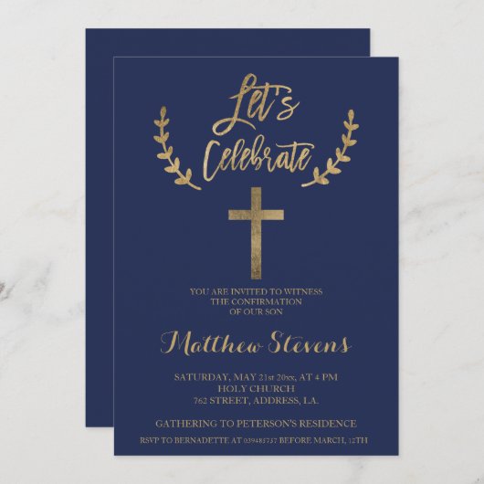 金ゴールドネイビーブルータイポグラフィシック確認 招待状 (正面/裏面)