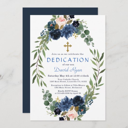 金ゴールドネイビーブルーピンクフローラリース献身 招待状 (正面/裏面)