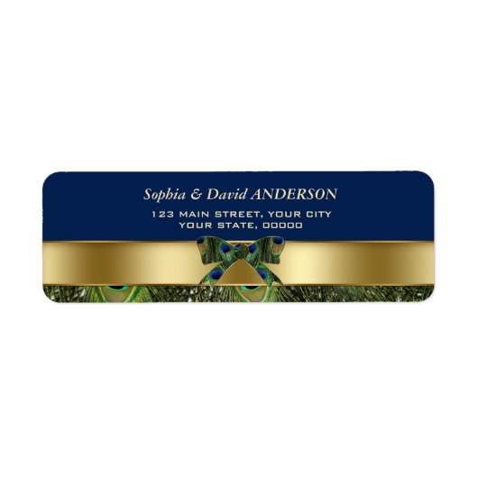 金ゴールドネイビーブルーピーコックの羽結婚羽の住所 ラベル (正面)