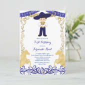金ゴールドネイビーブルーフィエスタボーイ誕生日招待状 招待状 (スタンド正面)