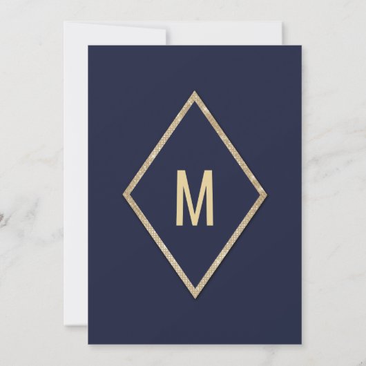 金ゴールドネイビーブルーフェイクグリッターシークインフラワーガール 招待状 (裏面)