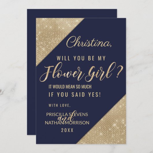 金ゴールドネイビーブルーフェイクグリッターシークインフラワーガール 招待状 (正面/裏面)