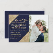 金ゴールドネイビーブルーフェイクグリッターシークイン婚約 案内状 (正面/裏面)