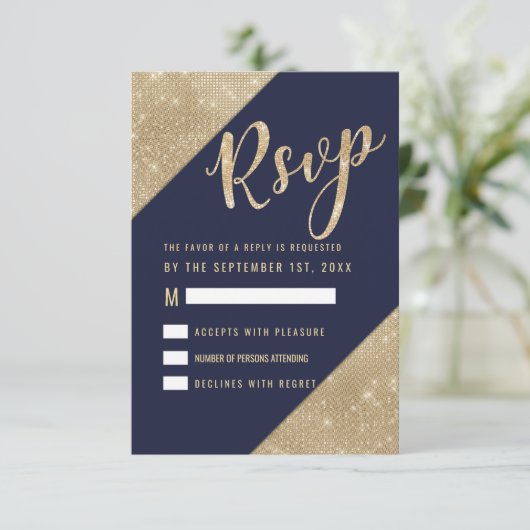 金ゴールドネイビーブルーフェイクグリッターセクインRSVP 招待状 (スタンド正面)